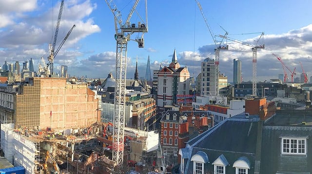 LSE Campus as viewed from the terrace of the New Academic Building in January 2018, showing the Centre Buildings redevelopment and the demolition of 44 Lincoln's Inn Fields