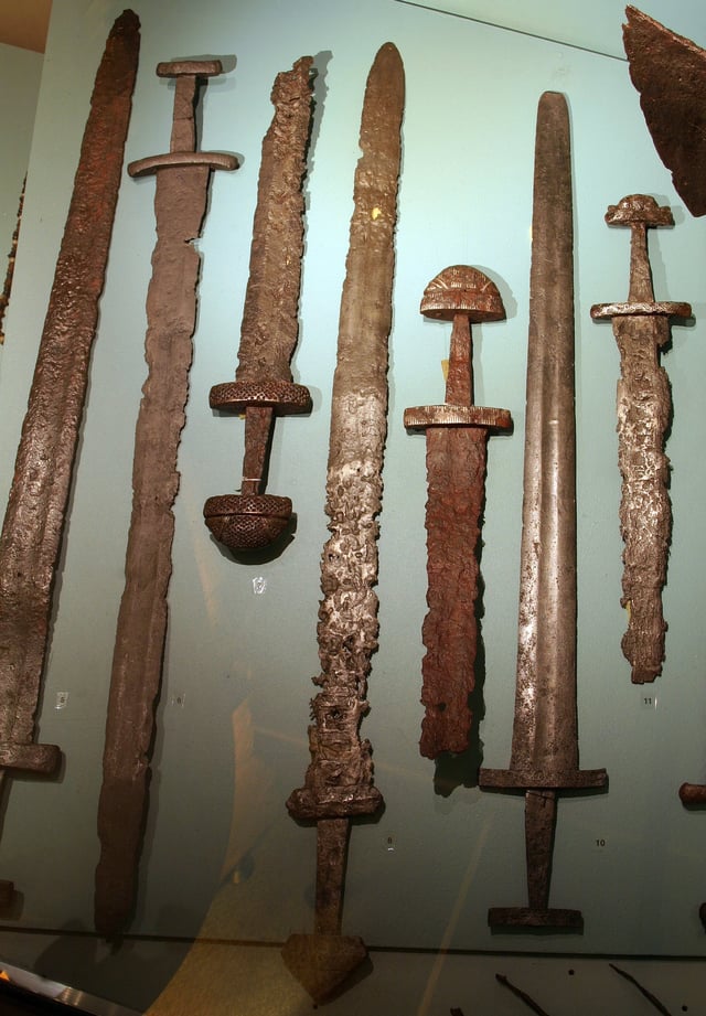 Viking swords found in Norway, preserved at the Bergen Museum.