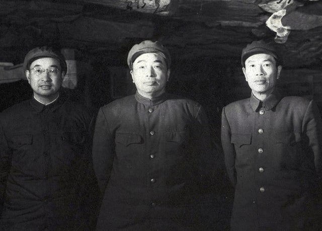 Three commanders of PVA during the Korean War. From left to right: Chen Geng (1952), Peng Dehuai (1950–1952) and Deng Hua (1952–1953)