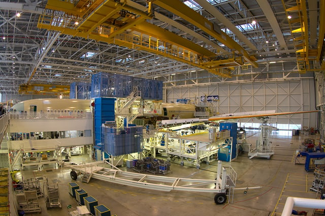 A partially-complete A350-900 XWB (destined for Finnair) on the Toulouse assembly line, December 2014