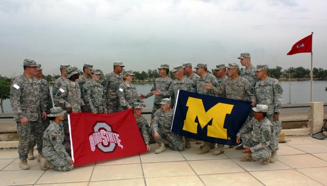United States National Guard soldiers in Baghdad, Iraq, in November 2009 show that the Michigan–Ohio State rivalry reaches far and wide.
