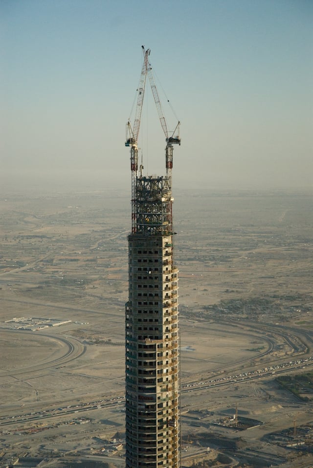 Aerial closeup of Burj Khalifa under construction in March 2008