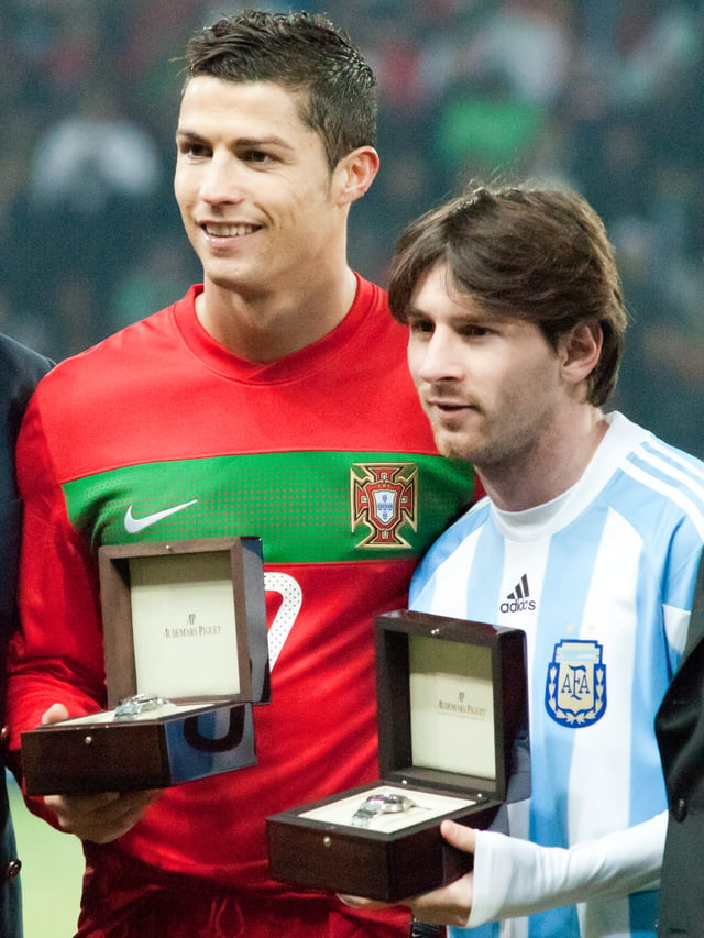 Ronaldo with Lionel Messi before an international friendly between Portugal and Argentina in Geneva, Switzerland, on 9 February 2011