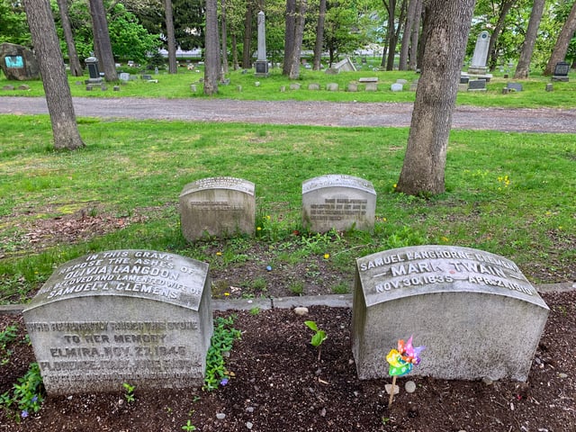 Twain and his wife are buried side-by-side in Elmira's Woodlawn Cemetery