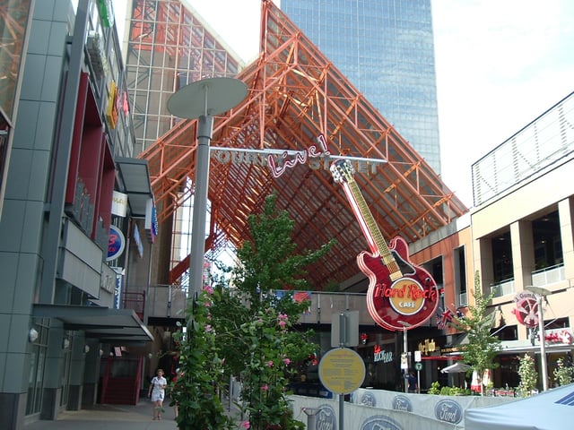 Entrance to the Fourth Street Live! entertainment complex in Louisville, featuring the marquee of the Hard Rock Cafe