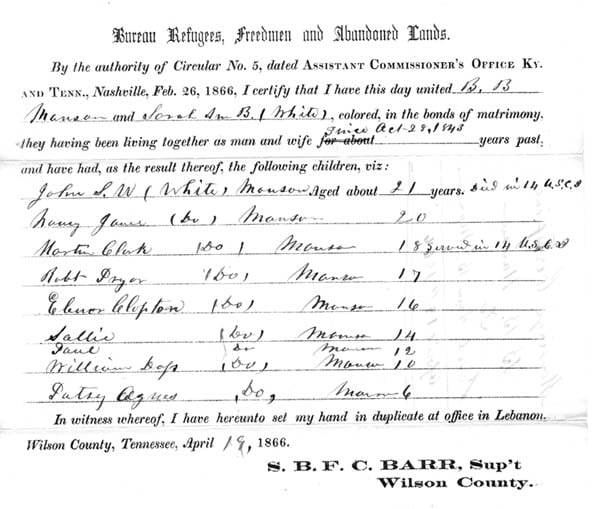 Marriage certificate issued by the Bureau of Refugees, Freedmen and Abandoned Lands, Wilson County, Tennessee, 1866.