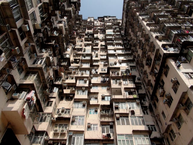 Stacked apartment units in Quarry Bay's Montane Mansion, an example of architectural compression common in Hong Kong
