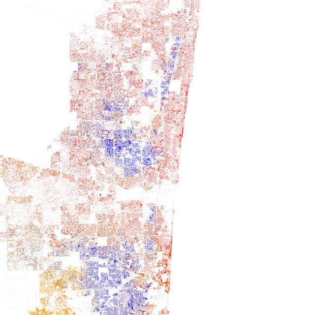Map of racial distribution in Fort Lauderdale, 2010 U.S. Census. Each dot is 25 people: White, Black, Asian, Hispanic or Other (yellow)