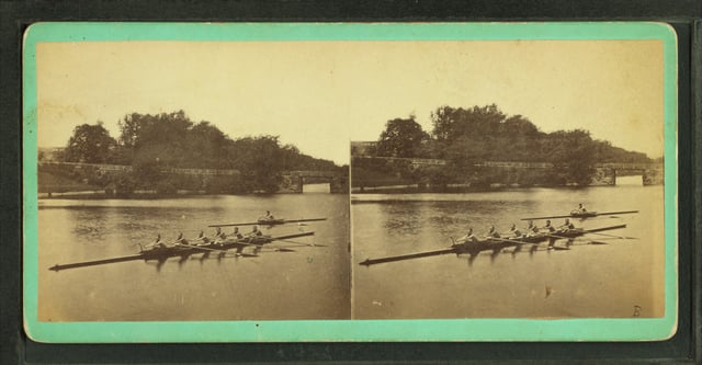 A stereoscopic image of the Brown freshman crew in competition at Lake Quinsigamond, Mass., on July 22, 1870. Brown rowing, among the pioneer programs in the country, dates from June 1857. Its first three-school regatta was held with Harvard and Yale at Lake Quinsigamond on July 27, 1859
