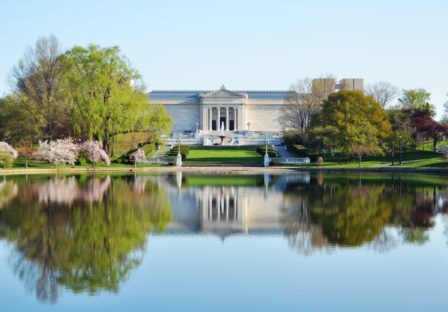 The Cleveland Museum of Art lies at the edge of Wade Lagoon in University Circle.
