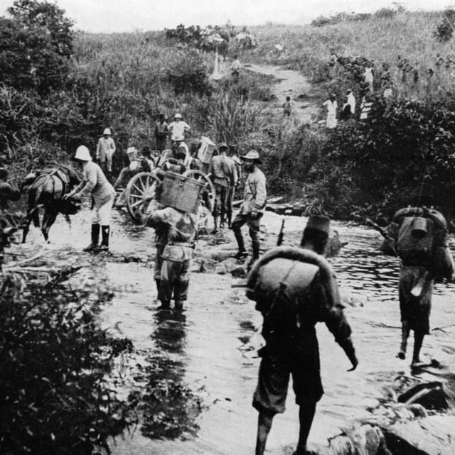 Force Publique soldiers in the Belgian Congo in 1918. At its peak, the Force Publique had around 19,000 African soldiers, led by 420 white officers.