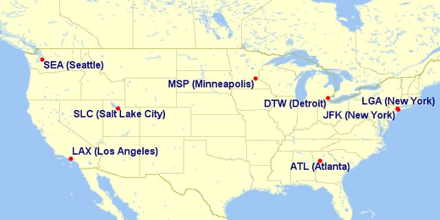 Map of Delta Air Lines hubs
