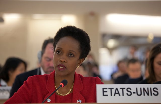 Esther Brimmer (U.S.) speaks at a United Nations Human Rights Council urgent debate on Syria, February 2012