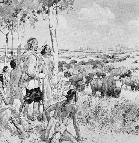 Henry Kelsey observing bisons on the western plains. Kelsey is believed to the first European to visit Saskatchewan.