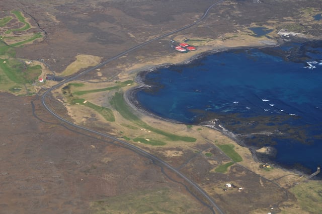 Golf course in Grindavík, Iceland in May 2011, amid the barren lava fields