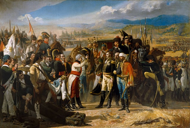 The Surrender of Bailén, by José Casado del Alisal, shows the moment of the interview between General Castaños and General Dupont to agree on the conditions of the surrender of the French army after the Battle of Bailén.