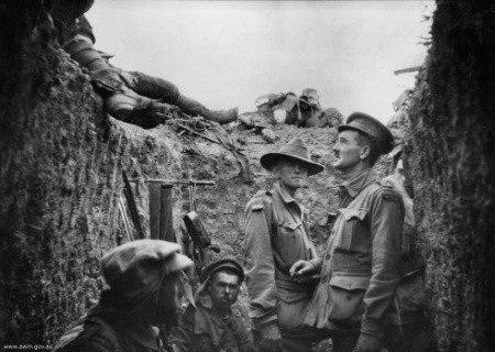 Captain Leslie Morshead in a trench at Lone Pine after the battle, looking at Australian and Ottoman dead on the parapet