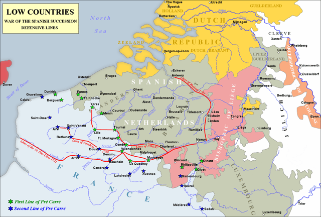 Vauban's proposal for creating a Pré carré or 'duelling zone' on France's northern border, defended by a line of fortresses known as the Ceinture de fer (marked in red and green)