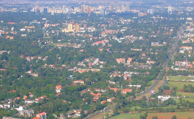 An aerial view of Nairobi, the central business district and Ngong Road