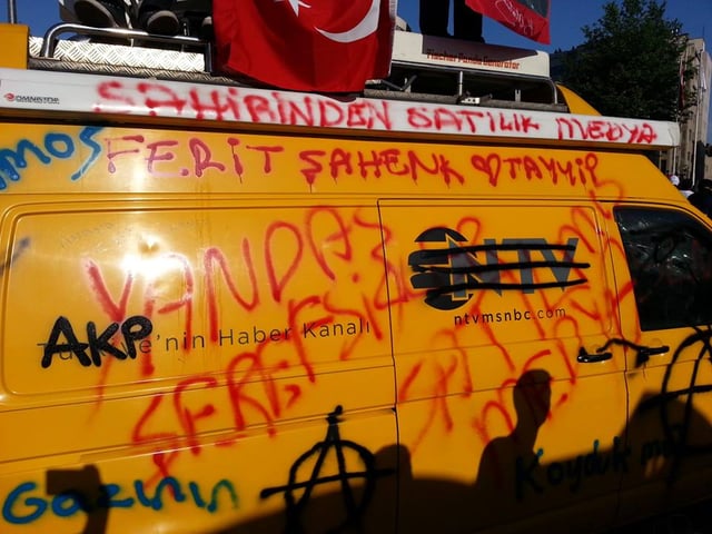 An NTV news van covered in anti-AKP protest graffiti in response to their lack of coverage of the Gezi Park protests in 2013