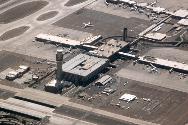 An aerial view of the control tower at Phoenix Sky Harbor that began operations on January 17, 2007.
