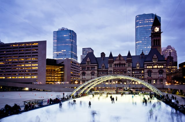 Nathan Phillips Square is the city's main square. The square includes a reflecting pool that is converted into an ice rink during the winter.