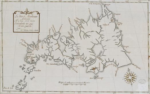 The first Spanish map of Mindanao officially naming "Basilan" island (instead of Taguima/Tagyma) by Nicolas Norton Nicols, published in 1757.