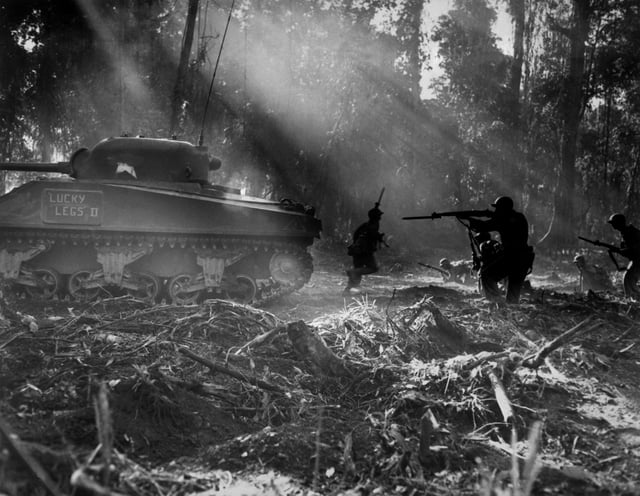 U.S. soldiers hunt Japanese infiltrators during the Bougainville Campaign