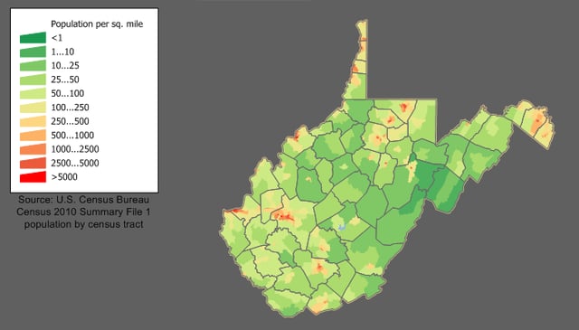 West Virginia population density map