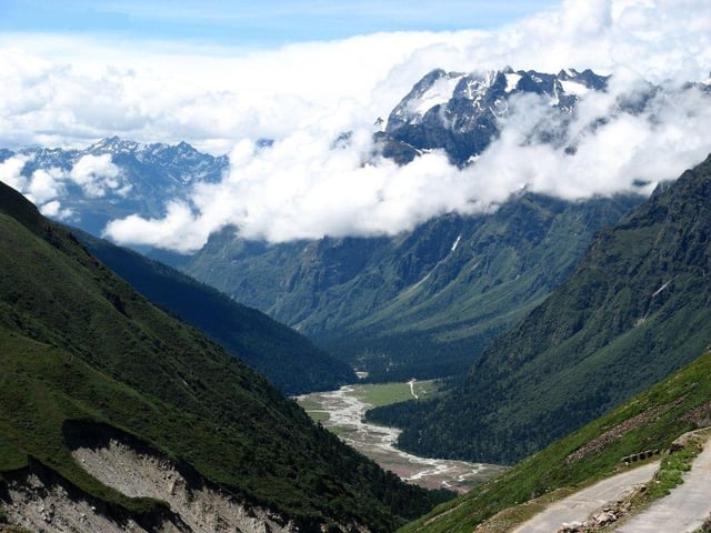 The Himalayan range at Yumesongdong in Sikkim, in the Yumthang River valley