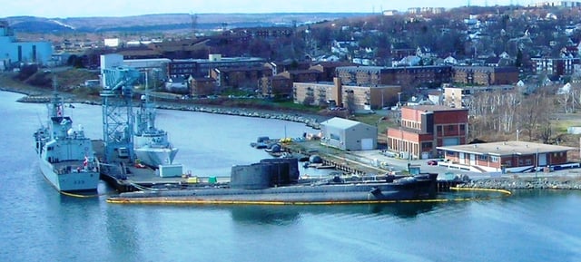 Three Oberon-class submarines laid up in Halifax Harbour