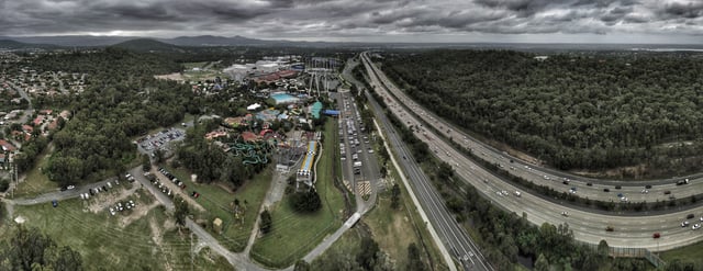 Aerial panorama of Wet and Wild in the Gold Coast and its surrounds on a cloudy day