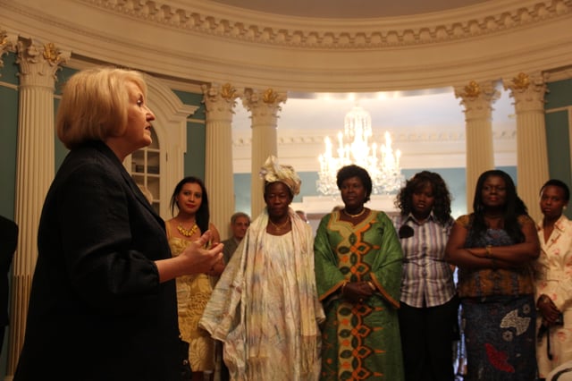 In 2012, Ambassador-at-Large for Global Women's Issues Melanne Verveer greets participants in an African Women's Entrepreneurship Program at the State Department in Washington, D.C.
