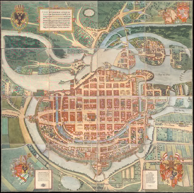Map of the city from 1562, with its fortifications around the Oder River
