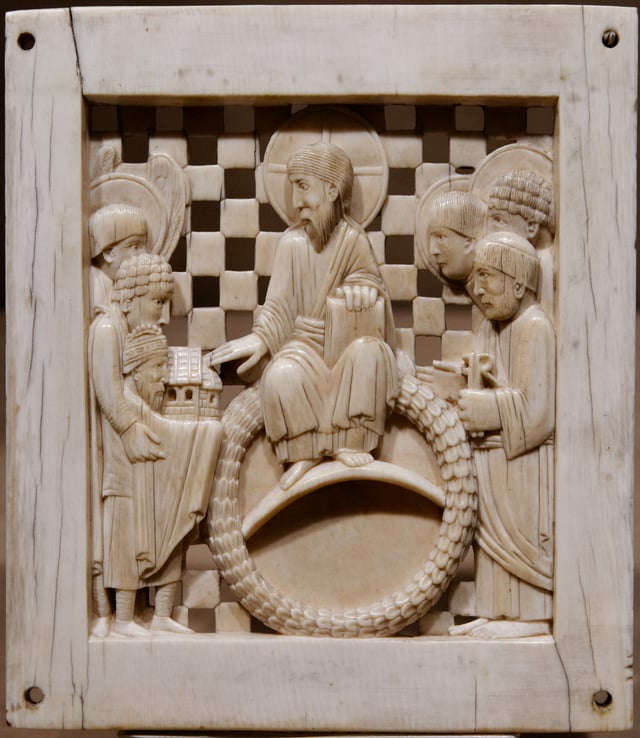 caption = Contemporary image of Otto I, lower left, in one of the Magdeburg Ivories (Metropolitan Museum of Art, New York). Otto presents Magdeburg Cathedral to Christ and Saints, and is depicted smaller than them as a sign of humility.