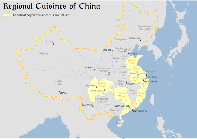 Map showing major regional cuisines of China