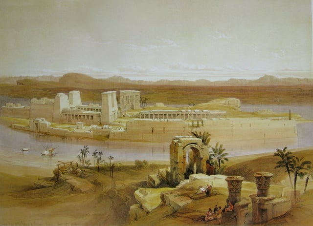 Philae as seen from Bigeh Island, painted by David Roberts in 1838