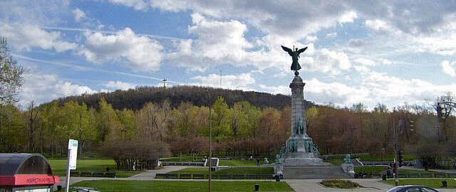 View of Mont-Royal's eastern slope from the George-Étienne Cartier monument. The park is one of Montreal's largest open space reserves.
