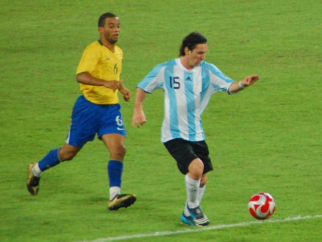 Messi evades Brazil's Marcelo in the semi-final of the 2008 Summer Olympics.