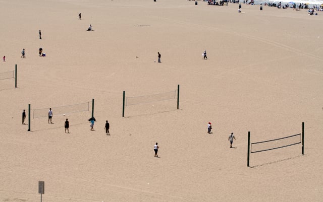 Public beach volleyball courts in Santa Monica, where the modern two-man version originated.
