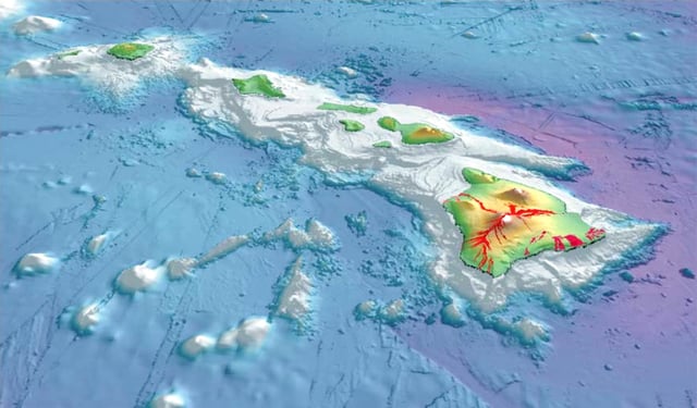 3-D perspective view of the southeastern Hawaiian Islands, with the white summits of Mauna Loa (4,170 m or 13,680 ft high) and Mauna Kea (4,206 m or 13,799 ft high). The islands are the tops of massive volcanoes, the bulk of which lie below the sea surface. Ocean depths are colored from violet (5,750 m or 18,860 ft deep northeast of Maui) and indigo to light gray (shallowest). Historical lava flows are shown in red, erupting from the summits and rift zones of Mauna Loa, Kilauea, and Hualalai volcanoes on Hawaiʻi.