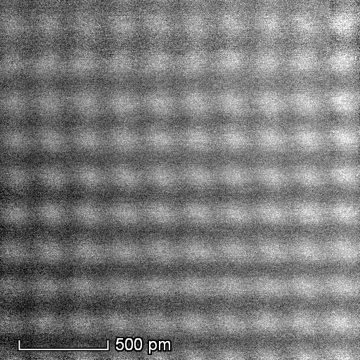 High-resolution STEM-HAADF micrograph of Al atoms viewed along the [001] zone axis.