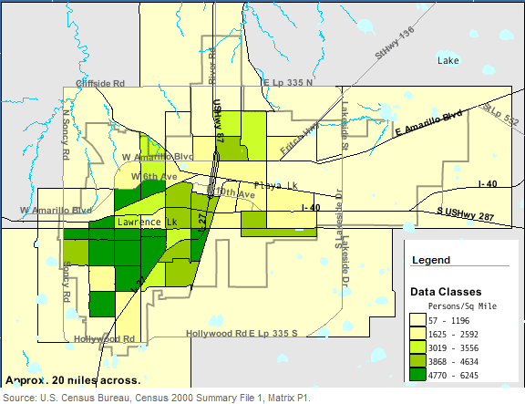 This map shows the city's average number of inhabitants per square mile of land in 2000.