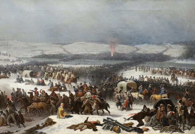 Napoleon's Grande Armée retreating after his invasion of Russia and crossing the Berezina river (near Barysaw, Belarus)
