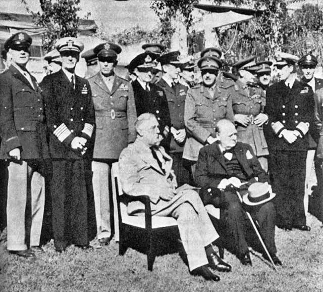 US President Franklin D. Roosevelt and British PM Winston Churchill seated at the Casablanca Conference, January 1943