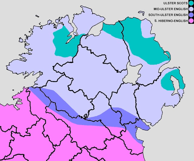 Approximate boundaries of the current and historical English/Scots dialects in Ulster. South to north, the colour bands represent Hiberno-English, South-Ulster English, Mid-Ulster English and the three traditional Ulster Scots areas. The Irish-speaking Gaeltacht is not shown.