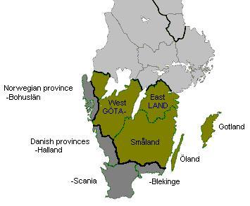 Map of Götaland, the areas of the Geats, which politically merged with the Swedes to form Sweden. Note that Värmland, north of Västergötland, also was a part of Götaland originally, while the large island of Gotland was not. Expansions in dark gray outside the border, including Gotland.