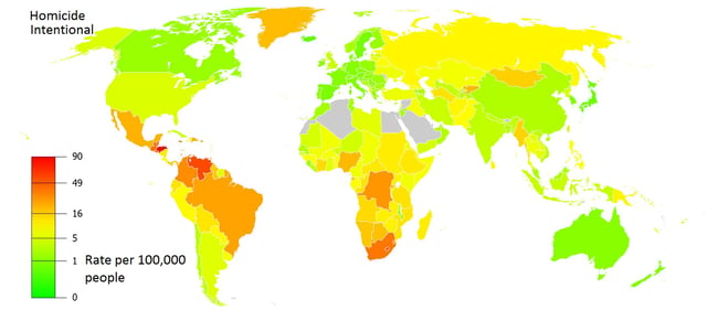 2012 map of countries by homicide rate. As of 2015, the Latin American countries with the highest rates were El Salvador (108.64 per 100,000 people), Honduras (63.75) and Venezuela (57.15). The countries with the lowest rates were Chile (3.59), Cuba (4.72) and Argentina (6.53).