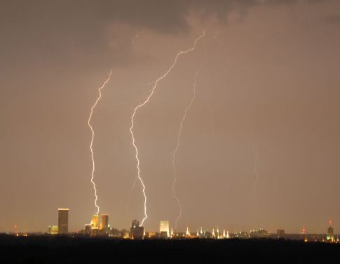 Lightning over downtown Tulsa is common in the spring months.