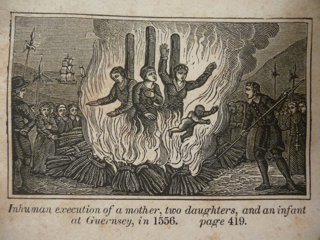 Mother Catherine Cauchés (center) and her two daughters Guillemine Gilbert (left) and Perotine Massey (right) with her infant son burning for heresy